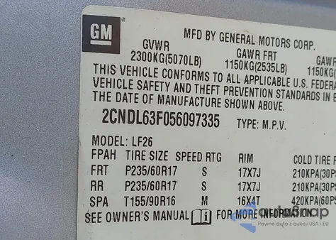 2005 Chevrolet Equinox Lt из США, поврежденный, VIN 2CNDL63F056097335